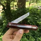 Damascus Steel Tanto Point Folding Knife Tactical Outdoor EDC Tool Flipper Wood