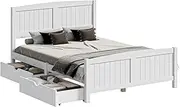OIKITURE Wooden Bed Frame Double Size, Bed Frame Platform with Bed Head and Trundle Storage Drawers - Compatible with Australian-Sized Mattresses,197x145x94cm