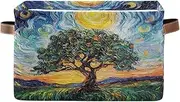 Starry Night Beautiful Tree Blue Storage Organizer Bin, Collapsible Rectangle Canvas Boxes for Cubbies