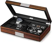 Lifomenz Co Watch Jewelry Box for Men 6 Slot Watch Box6 Watch Case 8 Pair Cufflinks and Sunglasses Display BoxWood Large Watch Display Case Organizer with Real Glass Window Top