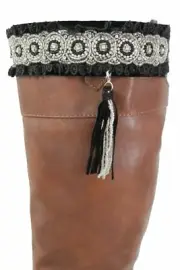 Women Pearl/White Beaded Native Boot Topper White Lace Pair Black Fringe