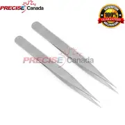2-Pack Fine Point Silver Tone Pointy Straight Tweezers 4 1/2"