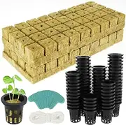1.5inch Hydroponics Rock Wool Cubes, 72 Set Rock Wool Cubes with 72 Net Cups 30 Label, Good Absorption Hydroponics Mesh Net Cup Kit for Hydroponics Soilless Cultivation Seedlings Cuttings Clone