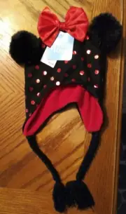 Disney Minnie Mouse Size OSFM Girls Hat with Ear Flaps Bling Dots Puffer Ball Ea