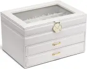 Joyero Blanco Organizador Joyas Cuero Joyeros Vidrio de 3 Capas Con 2 Cajones