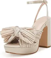 [VETASTE] Women's Pleated Bow Knot Platform Heeled Sandals Open Toe Chunky Block Heel Ankle Buckle Strap Bridal Wedding Dress Shoes
