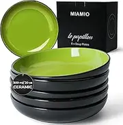 MIAMIO – 890 ml Set of 6 Pasta Bowls/Salad Bowls, Pasta Plates Wide and Shallow Bowl, Large Ceramic Stoneware Deep Plate Serving Soup, Microwave and Dishwasher Safe - Le Papillon Collection (Green)
