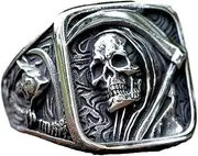 [ZMY Home] Gothic Skull Ring Stainless Steel Signet Ring for Men Reaper Ring with Hook Design Jewelry Gift
