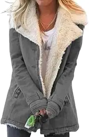 [EdNey] Winter Jackets For Women Plus Size Lamb Wool Outdoor Warm Thick Lining Fleece Jacket Lapel Collar Button Down Outerwear, Gray, Medium