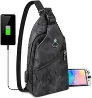 [Xishwon] Sling Crossbody Backpack for Nintendo Switch/Lite/OLED, Portable Waterproof Shoulder Chest Carrying Travel Bag for NS Console Dock Joy-Cons & Accessories Storage for Boys Men, USB Charging Port, Black