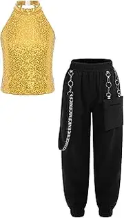 [FEESHOW] Girl 2 Piece Sport Outfits Sleeve Crop Top with Sequin + Cargo Pant Training Clothing Set Dancewear