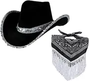 [Hellery] Western Cowboy Hat with Fringed Bandana Set Jazz Top Hat Cowgirl Hat Sun Protection Hat for Halloween Party Favors Role Play Photo Props