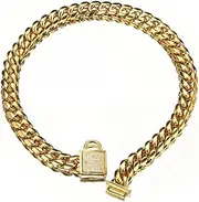 Abaxaca Gold Dog Collar Royal Metal Buckle Locking Stainless Steel 14mm Thick Training Collar Cuban Link with Zirconia Lock Necklace Chain for Strong Dog (18 inch)