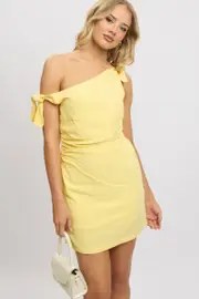 Yellow Bodycon Dress Tie up Shoulder Linen - Size 16, Women's Bodycon Dress