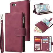 UEEBAI Wallet Case for iPhone 6/iPhone 6S, PU Leather Case Magnetic Closure Handbag Zipper Pocket Case Kickstand Card Slots with Hand Strap Marple Flip Case for Women - Wine Red