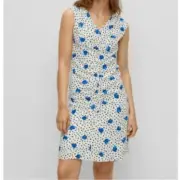 NWT Hugo Boss Demala Ruched Dress In Blue Dot White Fantasy Size 16