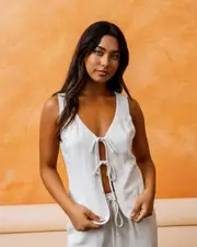 [Mooloola] Mooloola Women's Adi Dallis Tie Front Vest Top in Natural Salt And Pepper Size 10 10 Natural Salt And Pepper