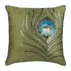 Decorative Pillow Case Green 16"x16", Sofa Decor Silk - Green Peacock Feather