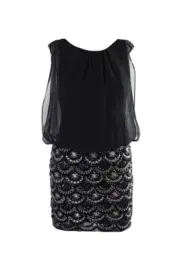 Aidan Mattox Black Stretch Lace Beaded Blouson Dress 0