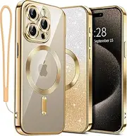 for iPhone 15 Pro Case Clear Magnetic Glitter Phone Cases [Compatible with MagSafe] Protector Slim Sparkle Luxury Plating Shockproof Protective Cover Women (Gold, iPhone 15 Pro)