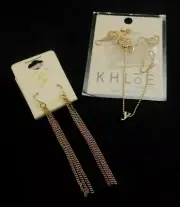 2-PC LOT KHLOE NECKLACE "Y" INITIAL & DANGLING CHAIN EARRINGS GOLDTONE NEW