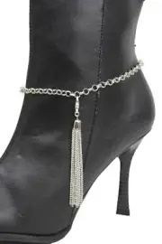 New Women Silver Metal Chain Boot Bracelet Shoe Anklet Long Tassel Fringes Charm