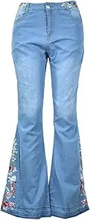 [Generic] Women Embroidered Flare Jeans Wide Leg Bell Bottom Denim Pants Stretch Solid Flare Jean Pants