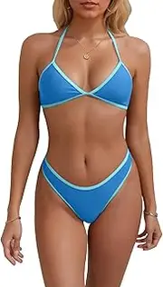 [LKAIIN] Cheeky Thong Bikini Set for Women V Neck Color Block Halter Triangle Bikini Two Piece Swimsuit