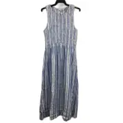 Just Jeans Shirred Sleeveless Blue White Stripe Midi Dress Ladies Sz AU 12 NEW