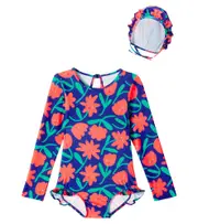 [Jellymallow] Jellymallow Floral ruffled swimsuit and cap set Y 10/11 blue
