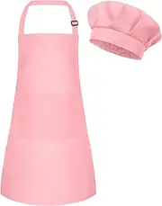 BOUBONI Kids Apron and Chef Hat Set Adjustable Chef Art Apron with 2 Pockets Toddler Chef Hat and Apron for Cooking Painting, E-Pink, Large