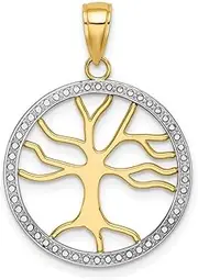 [JewelryWeb] 14ct With Rhodium 3 d Large Tree Of Life In White Round Frame Cut out Charm Pendant Necklace 26.1x20.1mm Wide