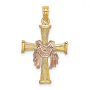 14K Two-Tone 14L Textured Finish Cross W/ Drape Charm