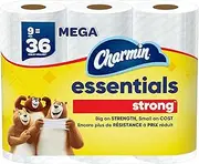 Charmin Essentials Strong Toilet Paper, 9 Mega Rolls = 36 Regular Rolls