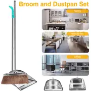 Broom and Dustpan Set with Long Handle Heavy Duty Stainless Steel Dustpan paUyK