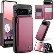 [ELEPIK] for Google Pixel 9 Pro XL Case with Card Holder, Kickstand [4 Card/Cash Holder] [for Women & Men] [Durable PU Leather] Magnetic Wallet Phone Cover for Pixel 9 Pro XL, Fashion Red