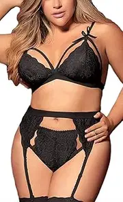 [Ella Lust] Women Plus Size Lingerie - Sexy Bow Lace Bodysuit Exotic Strap Harness Bra Panty Garter Belt 3pcs Set