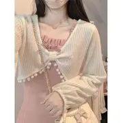 V-Neck Plain Pom Pom Cropped Blouse / Spaghetti Strap Bow Front Slit Mini A-Line Dress Blouse - White - S