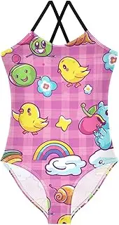 [GuoChe] Girls Swimsuit Retro Cartoon Rainbows Birds Peach Checkered Bathing Suits for Girls Girls Swim Suit Girls' Swimwear