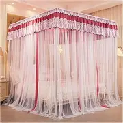 Mosquito Net Princess Bed Curtains Canopy 4 Poster Girls Bed Canopy for Bedroom Double Embroidery Lace King Size Bed Canopy Bed Net with Metal Bracket(Size:1.8×2m/5.9×6.6ft,Color:R
