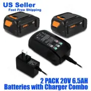Lizone 2 PC 6.5Ah Battery and Charger Combo for WORX 20V Battery 2.0 Ah WA3525