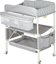 Ausadom Baby Changing Table, 4-in-1 Infant Diaper Station with 4 Adjustable Height & Large Storage Basket, Foldable Nursery Organizer with 4 Lockable Wheels & Safety Belt for Toddler Newborn