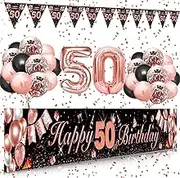 Xugoox 22 Pcs 50th Birthday Banner and Balloons, Rose Gold 50th Birthday Decorations, Happy 50th Birthday Backdrop Yard Sign with Pennant Banner, Confetti Balloons for 50 Years Old Party Supplies