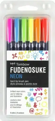 Tombow Fudenosuke Neon Brush Pen Set of 6 Brilliant Neon Colors Calligraphy etc.