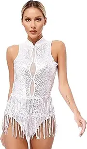 [Riismen] Women's Sequins Tassels Latin Dance Leotard One Piece Fringe Bodysuit Salsa Tango Jazz Dance Costume