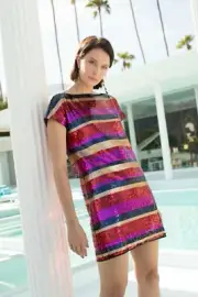 TRINA TURK Multi Bold Stripe Sequin BREENE Short Sleeve Shift Mini Dress 2 = XS