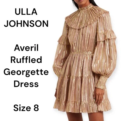ULLA JOHNSONAveril Ruffled Georgette Dress blush pink gold lurex stripe size 8
