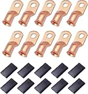 10 Pcs 5/16" Ring (M8) Heavy Duty Copper Wire Lugs Battery Cable Ends Bare Copper Eyelets Tubular Ring Terminal Connectors Assortment Kit,4 AWG/ 21mm² Crimp Wire Ring Lugs with 10pcs Heat Shrink Set