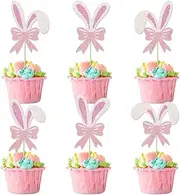 24 Pack Egg Happy Easter Cupcake Toppers Bunny Ear Shape Easter Cake Decoration Picks for Bunny Ear Theme Party Decorations