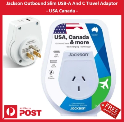 New Jackson Outbound Slim USB-A And Type C Travel Adaptor Charger - USA Canada